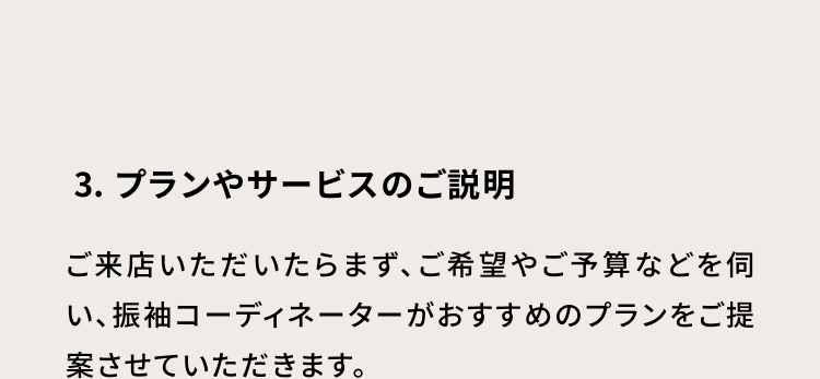 3・プランやサービスのご説明 ご来店いただいたらまず、ご希望やご予算などを伺い、振袖コーディネーターがおすすめのプランをご提案させていただきます。