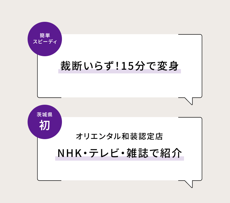 簡単 スピーディ裁断いらず！　15分で変身 茨木県初！　オリエンタル和装認定店　NHK・テレビ・雑誌で紹介