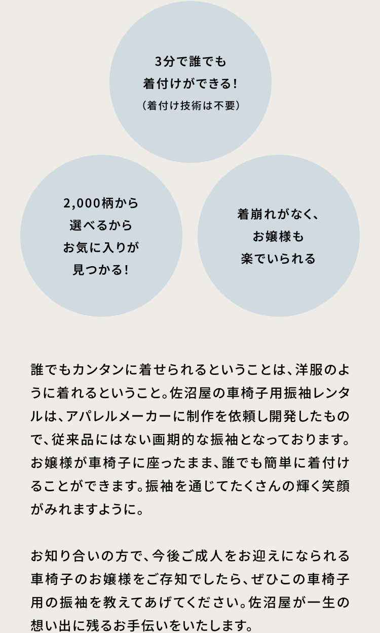 ・3分で誰でも着付けができる！・2,000柄から選べるからお気に入りが見つかる！・着崩れがなく、お嬢様も楽でいられる